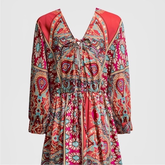 New Multicolour V Neck 3/4 Sleeve Bohemian Vintage Print Mini Dress - Picture 4 of 10